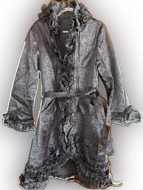 Ruffled Belted Metallic Gray Trench Coat